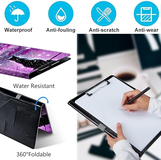 PU Leather Padfolio Clipboard Notepad with Pen Loop and Elastic Strap Interview/Resume Document Organizer for Business School Office,Hipster Cat Galaxy