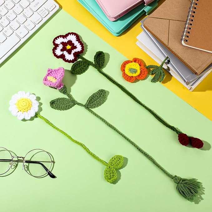 Harloon 4 Pieces Christmas Book Lover Gifts Flowers Crochet Bookmark Book Lovers Bookmarks Handmade Knitted Book Marker Curtain Tiebacks Holdbacks Car Ornaments for Readers Writers Library(Cute)