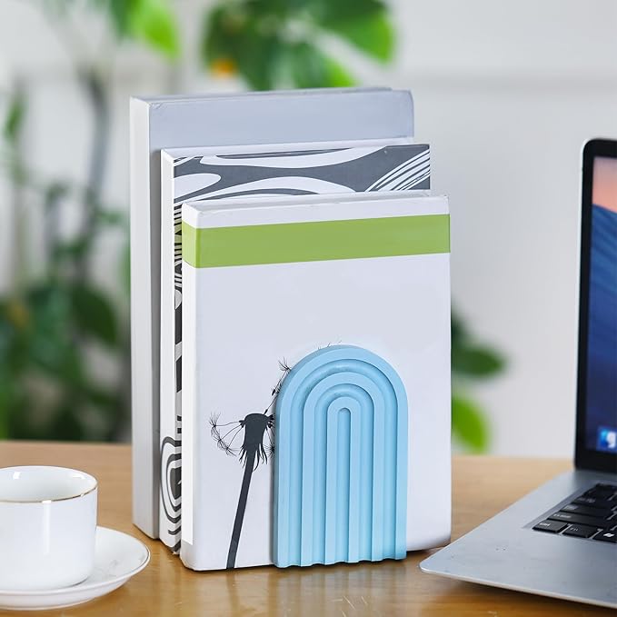 Harloon 4 Pieces Boho Arch Wood Bookends Rainbow Arch Back to School Gift Ideas Non Skid Bookend Decorative Wooden Book Stand Book Stoppers for Books Movies CDs (Denim Blue Color)