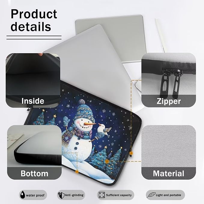 Cute Snowman Computer Sleeve for Women 15 inch Laptop Sleeve Christmas Lap Top Case with Multiple Uses Tablet Bag Teen Girls Laptop Carrying Case Briefcase
