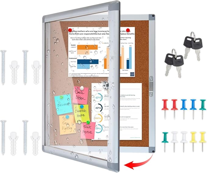 Outdoor Enclosed Cork Bulletin Board Tamper-Proof Dispaly Case, Aluminium Frame, Weatherproof Cork Noticeboard, Enclosed Cork Board for School, Office, Restaurant, Hospital etc（20 * 16inches）