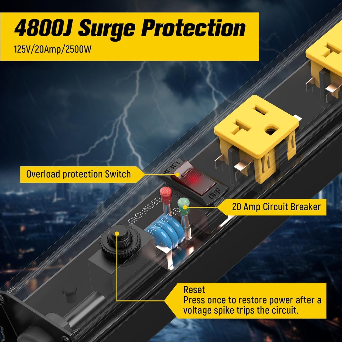 HHSOET 16 Outlet Long Power Strip, 4FT Heavy Duty Power Strip with 4800J Surge Protection, 20a Mountable Wide-Spaced Outlets for Home, Office, Garage & Workshop - ETL Certified