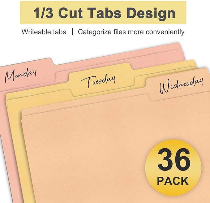 ViVin File Folders, Fits 8.5 x 11 Letter Size Paper, 1/3-Cut Tabs, 36 Pack Manilla Colored File Folders, Perfect for Home, Office, and School Documents File Paper(Assorted)