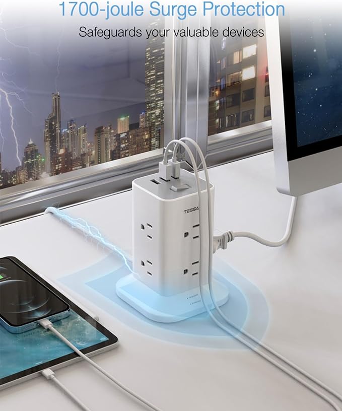 Tower Power Strip with 6 Feet Extension Cord, 8 Outlets 3 USB Chargers, 1700 Joules Surge Protection, Extension Cord with Multiple Outlets, 1875W, Office Supplies, Dorm Essentials, Charging Station