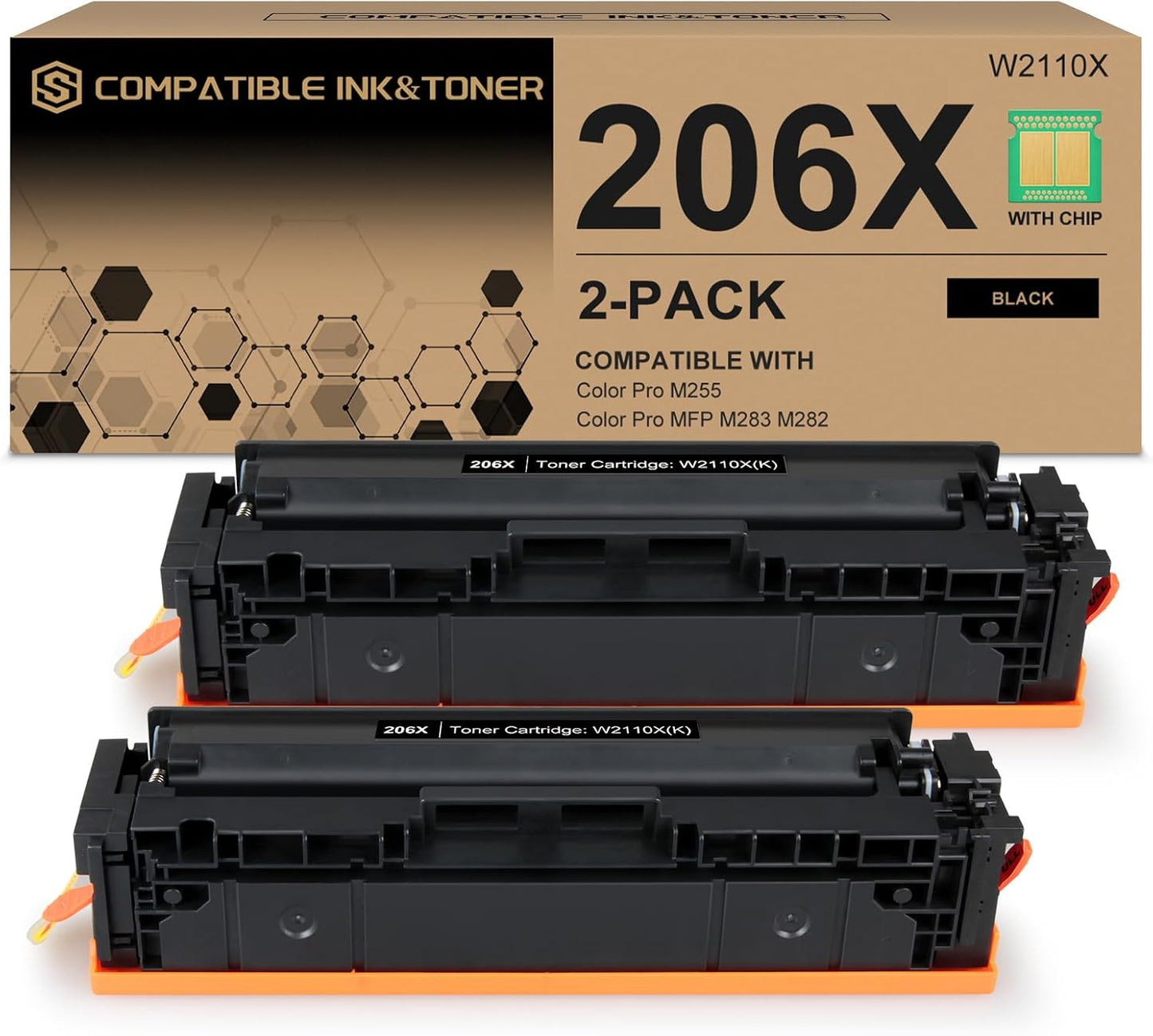 206X Black Toner Cartridges High-Yield (with Chip) Works with HP Color Pro MFP M283fdw M283cdw, Pro M255dw M255nw, MFP M282nw M283 M255 M282 Printer | W2110X 206A W2110A, Pack of 2