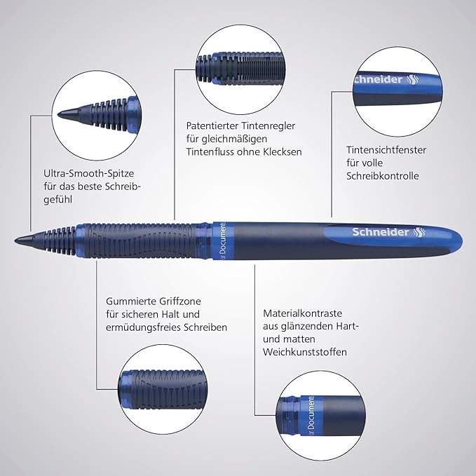 Schneider 183084 One Business Rollerball Pen (Indelible with 0.6 mm Line Width, Made in Germany) Set of 4, 3 x Blue, 1 x Black