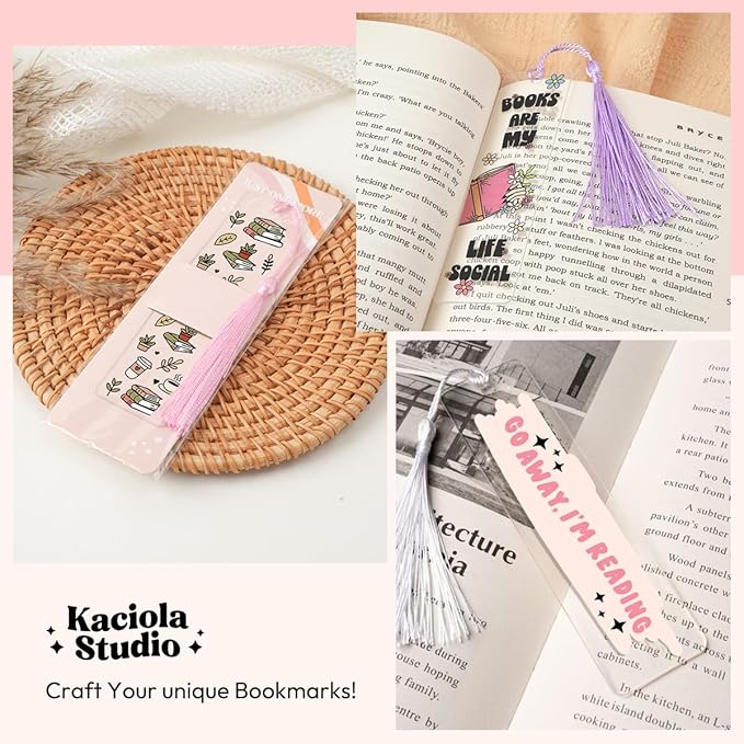 48PCS Bookmark Making Kit, 24 Acrylic Bookmark Blanks with 24Pcs Tassels, 24UV Stickers about Booklover Theme, DIY Blank Bookmarks Waterproof UV DTF Transfers Stickers for Clear Bookmarks DIY Projects