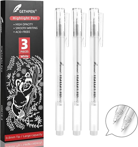 White Pens, 3Pack, White Gel Pens for Artists,0.8mm Extra Fine Point, White Gel Pen, White Ink Pen, White Pens for Black Paper, White Drawing Pens,White Pen for Artists Drawing