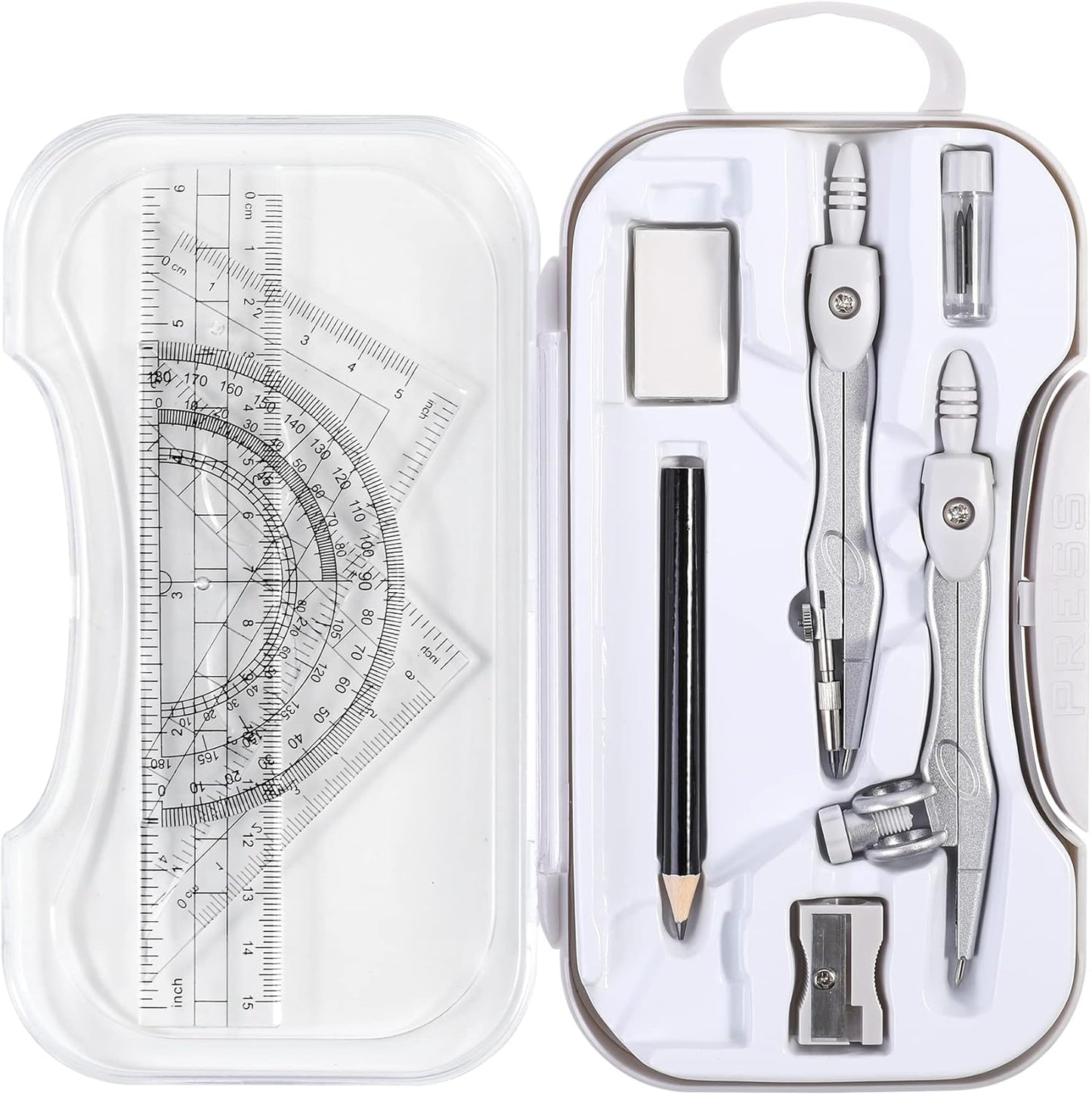 10 Pieces Math Geometry Kit Set Student Supplies with Shatterproof Storage Box,Includes Rulers,Protractor,Compass,Eraser,Pencil Sharpener,Lead Refills,Pencil,for School and Drawings（Grey）