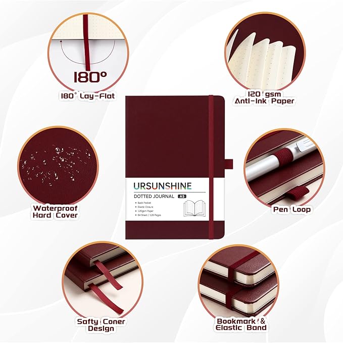 Dotted Journal/Notebook - Dot Grid Hard Cover Notebook, Premium Thick Paper with Fine Inner Pocket, Black Smooth Faux Leather, Pen Loop, 5.3'' x 8.26'' - Burgundy