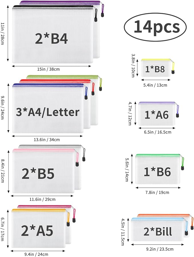 EOOUT 14pcs Zipper Pouches for Organizing, Mesh Zipper Pouch Bags, 8 Sizes 14 Colors Waterproof Mesh Bags with Zipper, for Travel Storage, School Supplies, Office Appliances and Home Organize