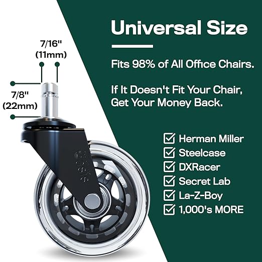 The Original Rollerblade Office Chair Wheels (As Seen On PBS) - Incredibly Smooth & Quiet Rolling Casters - Safe for Hardwood Floors & Carpet - Easy Installation with Universal Fit - Set of 5