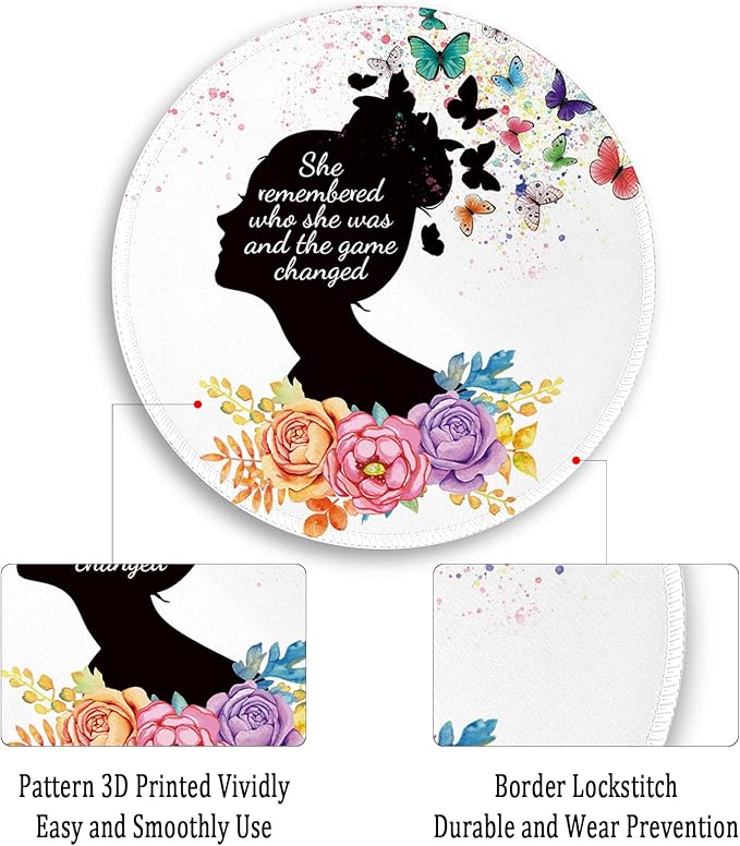 Gctriki Round Mouse Pad, Cute Butterfly Flower Mousepad for Laptop Gaming Women, with Stitched Edge Non-Slip Rubber Base, Feminist Inspirational Quote Mouse Pad, Home Office Decor Desk Accessories