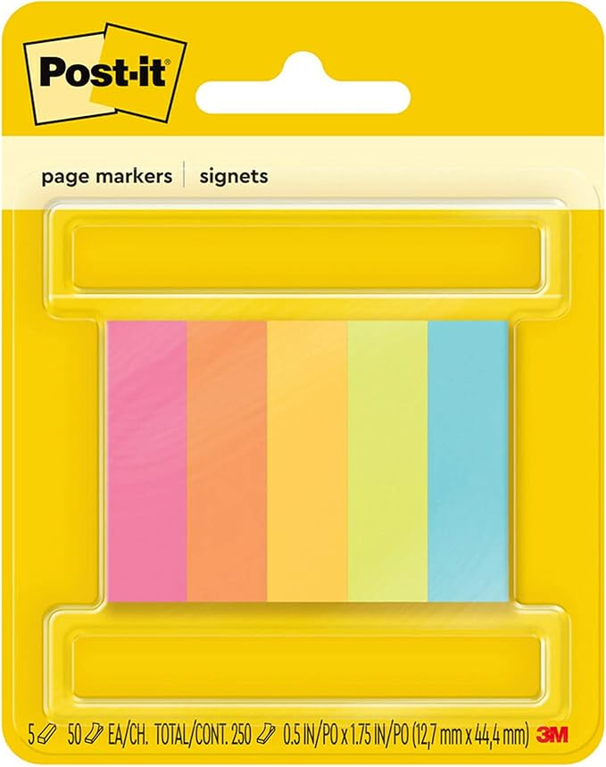 Post-it Page Markers, Assorted Colors, 1/2 in x 2 in, 50 Sheets/Pad, 5 Pads/Pack (670-5AF)