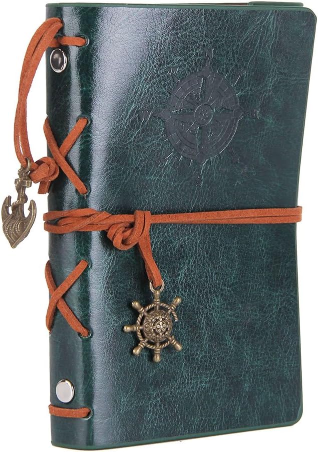 EvZ Leather Writing Journal Notebook, 5 Inches Vintage Nautical Spiral Blank String Diary Notepad Sketchbook Travel to Write in, Unlined Paper, Retro Pendants, Classic Embossed, Retro Green