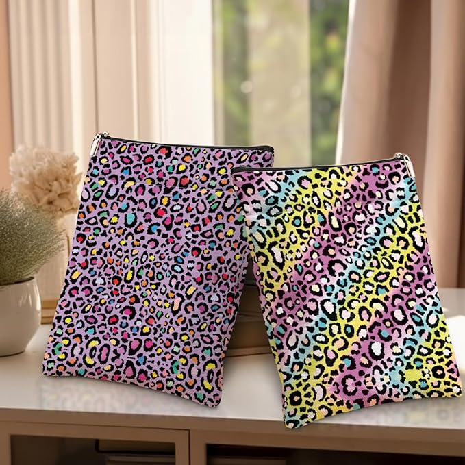 2 Pack Rainbow Leopard Print Book Sleeve, Books Protector，Books Pouch， Book Lovers Gifts，Bookish Gifts Waterproof Cover with Zipper，Leopard Decor Gift Bag for Women Bestie Christmas Thanksgiving