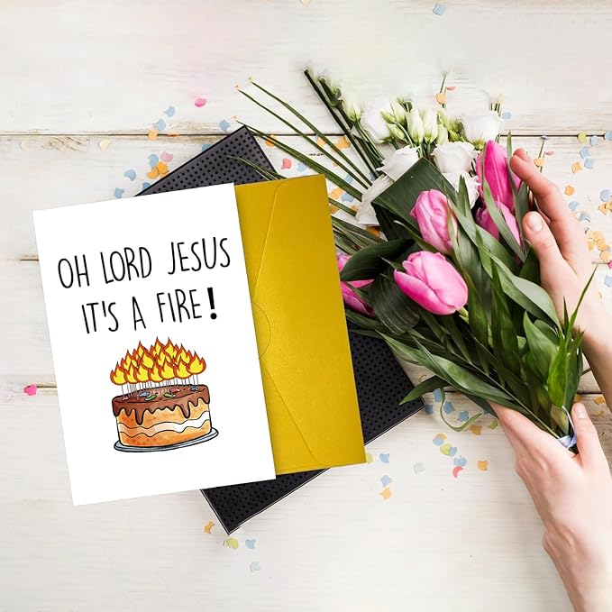 Funny Birthday Cake Card for Friend Bestie Women, Snarky Humor Happy Birthday Card for Him & Her - Oh Lord Jesus It's A Fire