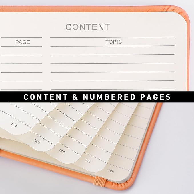 RETTACY Journaling Notebooks, A5 Lined Journal Notebook with 192 Numbered Pages, 5.7'' × 8.3'' Medium Size, for Writing, Work, Office, Leather Hardcover, 100 GSM Thick Paper (Orange)