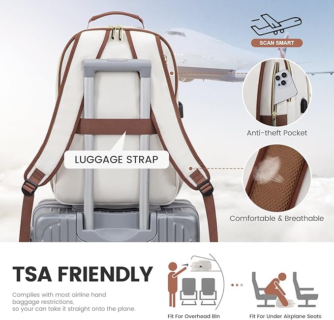 LOVEVOOK Laptop Backpack for Women 17.3 inch,Cute Womens Travel Backpack Purse,Professional Laptop Computer Bag,Waterproof Work Business College Teacher Bag Carry on Backpack with USB Port,White Brown