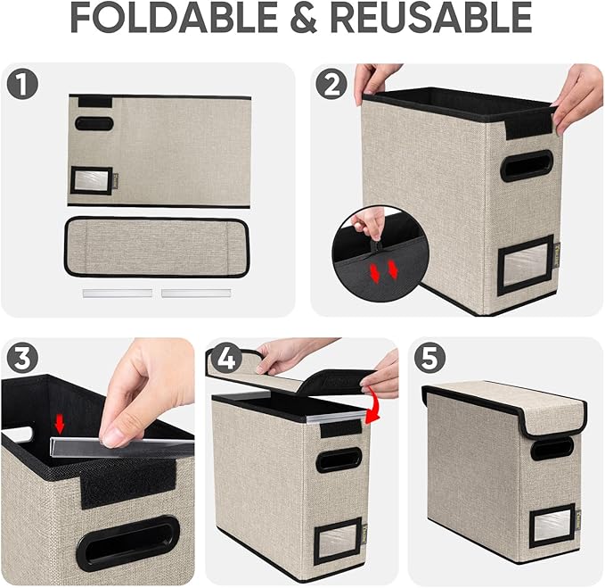 BALEINE File Organizer Box with Lid, Collapsible File Folder Organizer with Plastic Slide, Hanging File Folder Box for Office Document Storage (1 Pack, Beige, S)