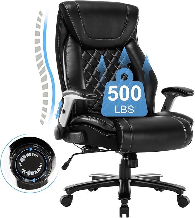 Big and Tall Office Chair 400LBS High Back Executive Chair Computer Chair- Adjustable Lumbar Support with Flip-Up Arms Large Desk Swivel Chair with Heavy Duty Metal Base,Black