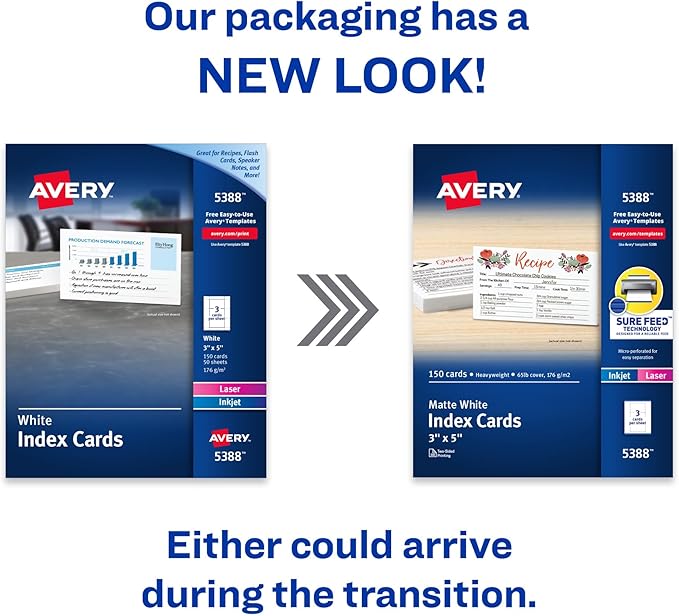 Avery Printable Index Cards with Sure Feed Technology, 3" x 5", White, 150 Blank Index Cards for Laser or Inkjet Printers (05388)