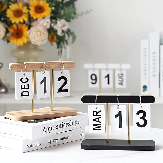 Perpetual Daily Flip Calendar for Desk Reusable Office Desktop Decor Home Accessories Photography Props (Black)