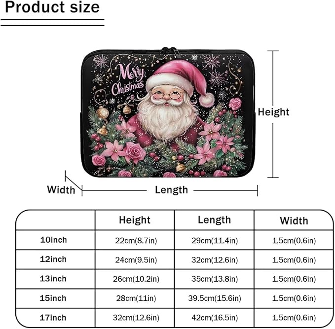Christmas Laptop Protective Sleeve for Women 13 inch Portable Computer Sleeve Neoprene Lap Top Case Santa Claus Computer Carrying Case Suitable for Travel Office Pouch