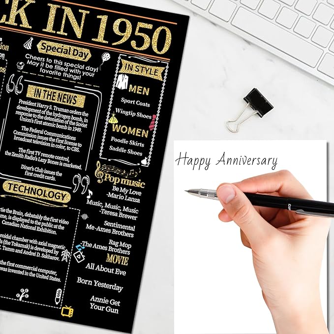 Joycard 75th Anniversary Card for Women Men, Gold Wedding Card for Wife Husband, Sweet Marriage Decorations Gifts for Couple, Perfect for Her Him on Anniversary Day, Back in 1950