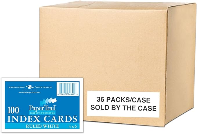Roaring Spring Index Cards 4"x6", Bulk Case of 36 Packs of 100 Each, Smooth 100# White Index Paper, Ruled on Front, Blank on Back