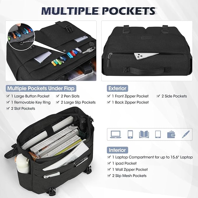 NEWHEY Messenger Bag Laptop Briefcases for Men 15.6 Inch Laptop Bag Water-resistant Computer Bag Lightweight Shoulder Handbag Satchel Bags for Work Business Travel College,Black