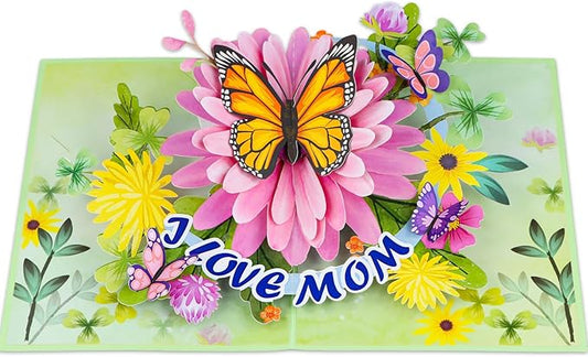 D4DREAM Mothers Day Pop Up Card for Mom - 3D Butterfly Flower Greeting Card with Envelope and Note Tag I Love Mom Pop Up Birthday Gift for Her from Daughter Son