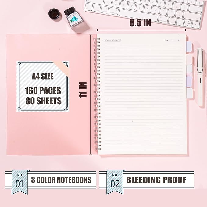 3 Pack Ruled Notebook, 8.5 x 11 Inches Spiral Notebooks for Work, School and Journal with 110 GSM Journal Ruled Paper, Large Notebook with 80 Sheets/160 Pages, Hardcover Ruled Journal