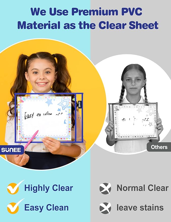 SUNEE 6 Packs Oversized Reusable Dry Erase Pocket Sleeves with Binder Ring, 6 Assorted Colors 10x14 Ticket Holders, Clear Plastic Sheet Protectors, Teacher School Classroom Supplies