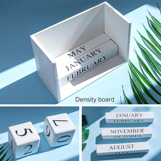 Notakia Perpetual Calendar Wooden Block Calendar for Office Desk Calendar Plank Table Daily Desk Calendar Accessories Block Dates (Large White)