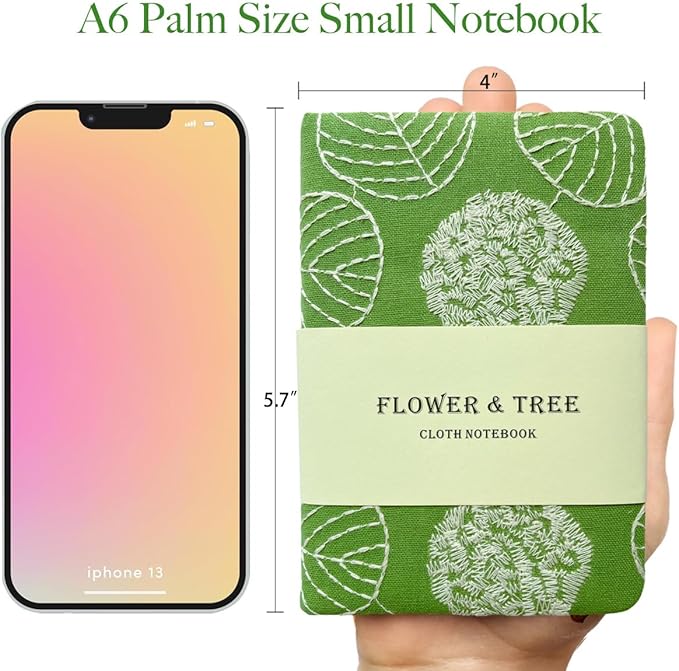 Embroidered Mini Notebook for Girl, Small Fabric Hardcover Journal, A6, 264 Pages, 4x6 Lined Notebook & unlined Sketchbook, Cute Diary, Pocket Notepad Kids Journal, Green Leaf.