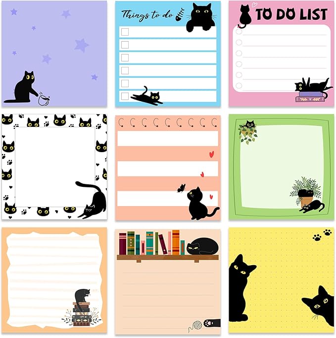 9 Pads Cute Sticky Notes Cartoon Animal Self Stick Notepads 3x3 Inches Notes Adhesive Memo Pad Office Decor Gifts for Students School Office Meeting(Black Cat)
