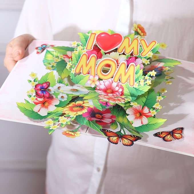 I Love My Mom Pop Up Card Mothers Day, Happy Mothers Day Pop Up Card, 3D Flower and Butterfly Greeting Cards Gift For Mom, Wife, Mother in law All Occasion, 8" X 6" With Envelope and Note Tag