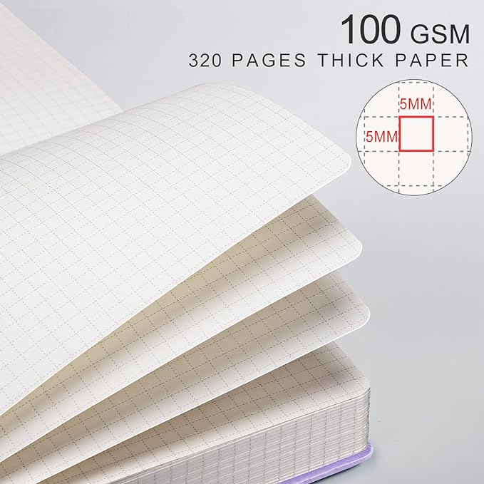 EMSHOI Graph Paper Notebook - 320 Pages, A5 Hardcover Leather, 100gsm Thick Paper, Square Grid Notebook for Women Men Work School Math Writing, Graphing, Engineering, 5.75 x 8.38, Light Purple