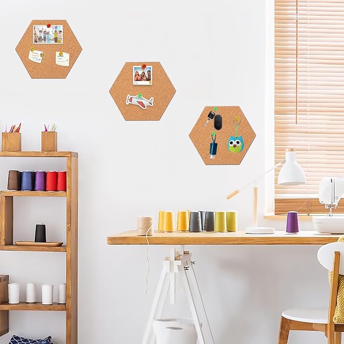 FEBSNOW 10 Pack Self-Adhesive Cork Board Tiles Hexagonal Cork Board Mini Wall Bulletin Board with 50 Multi-Color Push Pins