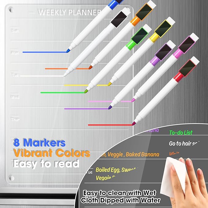 Acrylic Weekly Planner Board Meal Planner Magnetic Menu Board for Kitchen Fridge w/ 8 Markers, Clear Weekly Calendar Planning Dry Erase Board Noteboard to Do Grocery Shopping List, 12x9’’