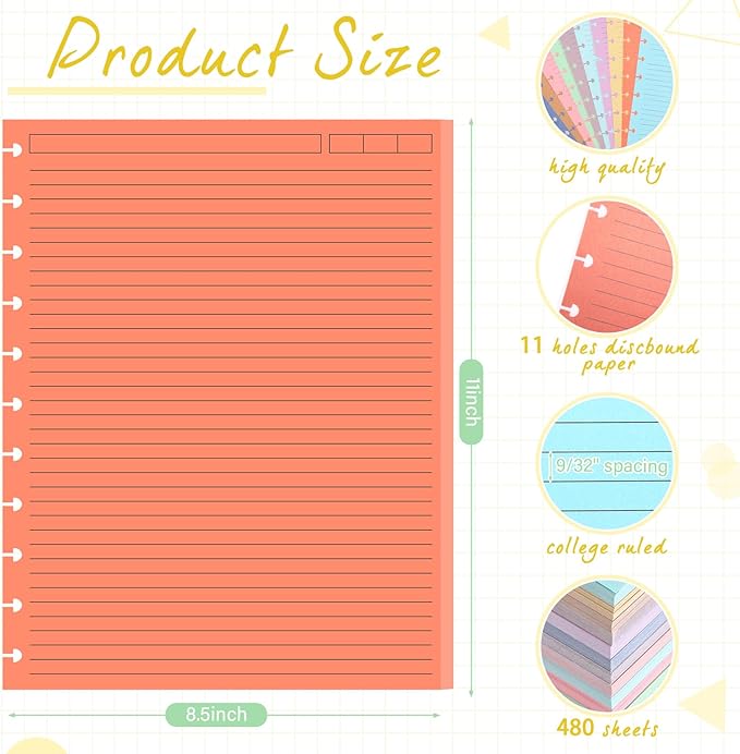 PerKoop 12 Pack 480 Sheets Colored Discbound Refill Paper 8.5 x 11 Inch College Ruled 11 Disc Letter Size Lined Paper Multicolored Refill Notebooks Disc Paper for Refill Paper Journaling(Candy Color)