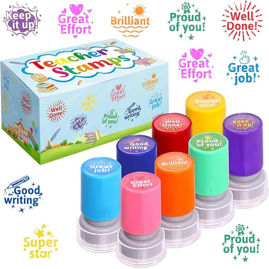Teacher Stamps Self Inking for Classroom Rubber Stamp for Grading Homework Test Motivation Students Behavior Reward Supplies 8Pcs