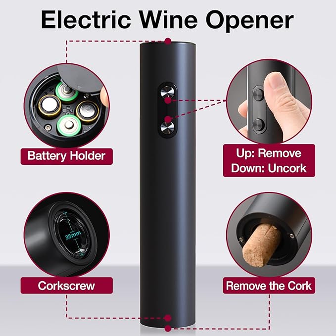 Electric Wine Opener, Battery Operated Corkscrew, Easy One-Button Operation for Effortless Cork Removal, Ideal Wine Accessory for Parties, Best Choice for Wine Lovers (Black KB1)