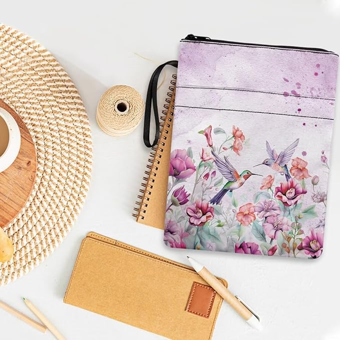 COEQINE Hummingbirds Book Covers for Bibles Hardcover Purple Floral Book Sleeves with Zipper Washable Protector Book Lovers Book Cloth