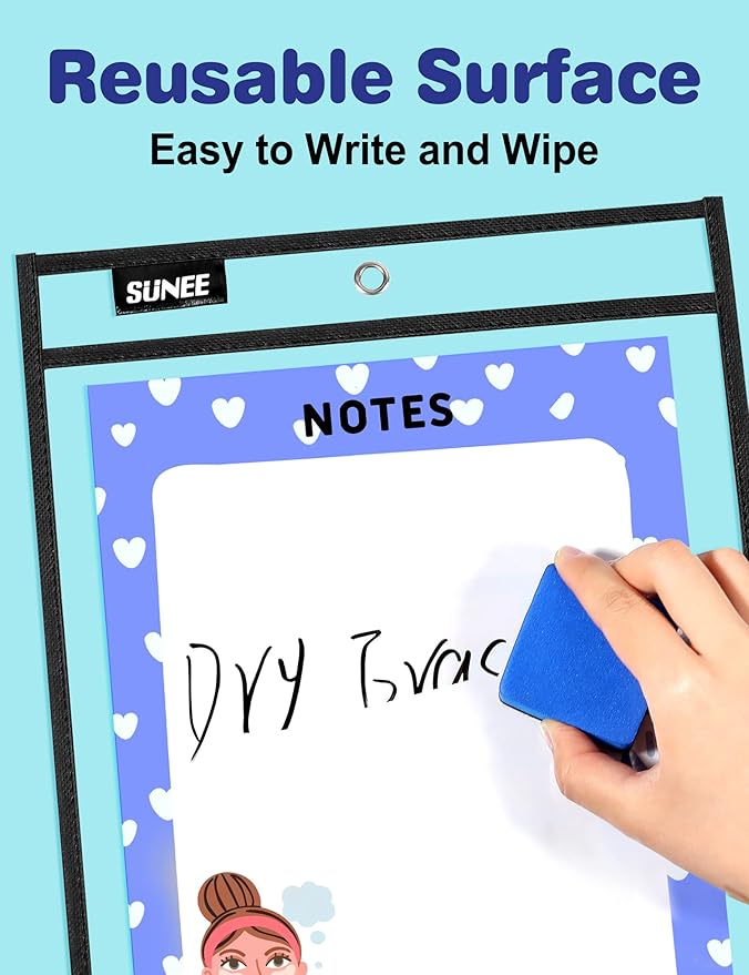 SUNEE 6 Packs Oversized Reusable Dry Erase Pocket Sleeves with Ring, Black 10x14 Ticket Holders, Clear Plastic Sheet Protectors, Teacher School Classroom Supplies