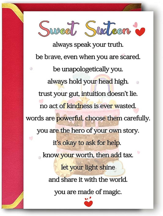 Sweet 16th Birthday Card Gifts for Women Men or Girl, Lovely 16 Year Old Greeting Card for Him Her, Happy Sixteen Birthday Gifts Idea for Son Daughter or Granddaughter Grandson