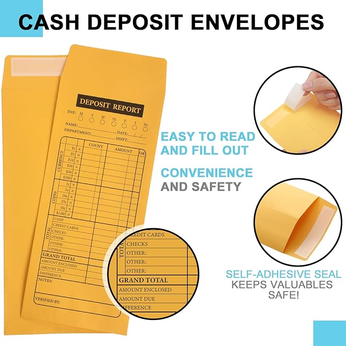 Qilery 1000 Pieces Cash Drop Envelopes Bulk Cashier Deposit Envelopes Budgeting Planning 4 1/8'' x 9 1/2'' Bank Envelopes for Cash, Small Business, Retailers Restaurants Kraft(Yellow)