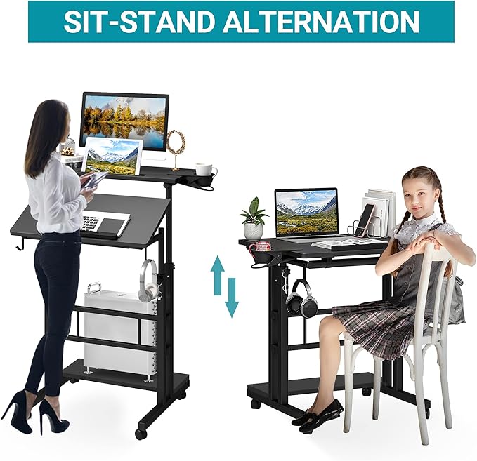 Klvied Mobile Standing Desk with Storage Bottom Shelf, Portable Stand Up Desk with Cup Holder, Adjustable Height Small Standing Desk, Rolling Desk with Wheels, Home Office Laptop Cart, Black