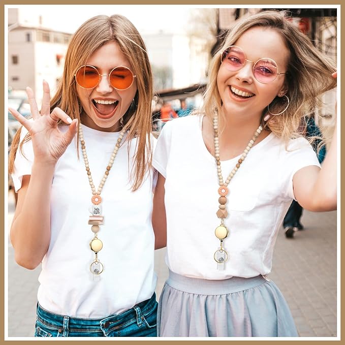 Teacher Lanyard, Cute Lanyards for Id Badges Keys, Retractable Natural Wooden Beaded Lanyard for Women